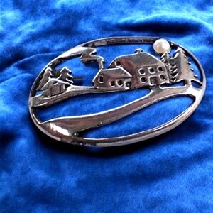 Sterling Silver Town Scene With Pearl Moon Brooch. Apx 2"​​​